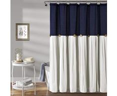 Lush Decor Cortina de Ducha Plisada de Lino con Botones, diseÃ±o de Dos Tonos para baÃ±o, 72 x 72 Pulgadas, Azul Marino y Blanco