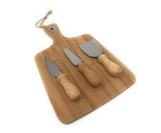 Juego de 4 utensilios de queso con tabla de cortar de bambú y 3 cuchillos de queso con mango de madera.