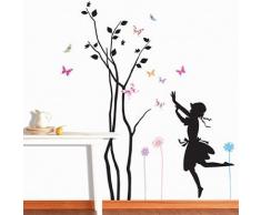 Ambiance-Live - Vinilo adhesivo decorativo para pared , de Niña jugando cerca de un árbol con mariposas volando alrededor