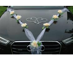 Autoschmuck Decoración para Coche para Bodas, Tela de Organza con Decoraciones de ratán y Corazones; (de Color limón y Blanco)