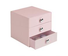 iDesign Organizador de maquillaje con 3 cajones, compacta minicómoda de plástico, mini cajonera cuadrada para productos de belleza y cosméticos, rosa
