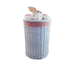 DVier Cesto para la ropa sucia de mimbre blanco, redondo, con cubierta, conejo rosa (tamaño L, diámetro 46 cm, altura 62 cm)