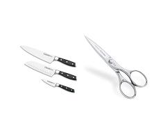 3 Claveles 28007 Set Cuchillos Cocina: Verduras 9Cm + Santoku 18Cm + Cocinero 20Cm, LÃ­nea Toledo, Acero Inoxidable, Plata + Tijeras Cocina Multiusos, Acero Inoxidable, Brillo, 20 Cm