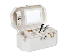 Relaxdays Organizador Joyero con Espejo y Llave, Piel Sintética, Blanco, 10 x 22 x 13 cm