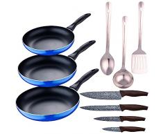 Set 3pc sarten (16+20+24cm) aluminio prensado, inducción, azul Navy Paradise con Set 3 pc utensilios cocina acero inoxidable con Set 4pc cuchillos ac