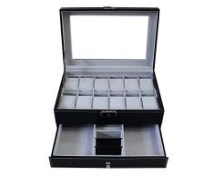 Todeco - Caja de Relojes de Joyería, Caja de Exhibición para Joyero de Relojes - Tamaño: 30 x 20 x 14 cm - Material de la Caja: MDF - 12 Relojes, cajones de Joyas y Pantalla, Gris