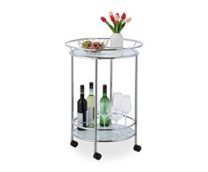 Relaxdays Carrito Cocina con Ruedas, Camarera 2 Baldas Redondas, Carro Auxiliar Vidrio y Metal, 77x56cm, Plateado/Blanco