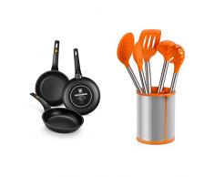 BRA Efficient-Set de 3 sartenes, 20-24-28 cm, aluminio fundido con antiadherente Platinum Plus, NEGRO [Amazon Exclusive] & Efficient Conjunto De 5 Utensilios De Cocina Y Carrusel, Acero INOX, Naranja