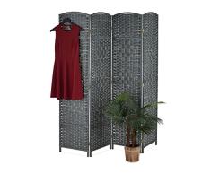 Relaxdays Biombo Divisorio, 170x160 cm, Separador Ambientes Plegable, Mampara 4 Paneles, Madera y Cuerda de Papel, Gris, 70% 30%