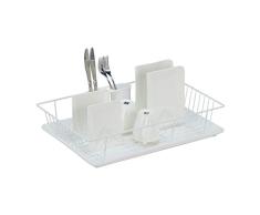 Relaxdays Escurridor de Vajilla, Cesto Cubiertos, Bandeja de Goteo, Secaplatos, Soporte Platos PlÃ¡stico, Metal, Blanco, Hierro 50%, 11 x 48 x 31.5 cm