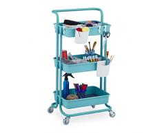 Relaxdays Carrito Auxiliar, 3 Niveles, Multiusos para Cocina y Oficina, Camarera 86x43x34 cm, Metal y PlÃ¡stico, Turquesa, 50% Acero 40% 10% Fieltro