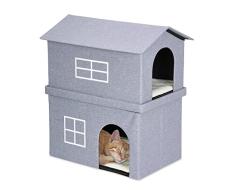 Relaxdays Casa Gato 2 Plantas, 2 Entradas Plegable, Tejadillo, Ventanitas, 2 Cojines Removibles, 71,5x62x44 cm, Gris