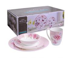 London Boutique Vajilla DE 16 Piezas, Diseño de Pájaro de Porcelana Vintage con Flores en Caja de Regalo (Rosa)