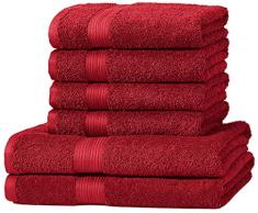 Amazon Basics - Juego de toallas (colores resistentes, 2 toallas de baÃ±o y 4 toallas de manos), color rojo