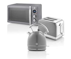 Swan Retro Set Desayuno Hervidor de Agua 1,8 L, Tostadora Pan Ranura Ancha 2 Rebanadas, Microondas Digital 20L, 6 Niveles de Potencia,Temporizador, Puerta Espejo, Diseño Vintage, Gris, Talla Ãnica