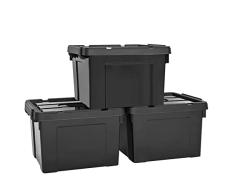 HOHAOO Cajas de almacenamiento, juego de 3 cajas de almacenamiento apilables resistentes de 55 L, plÃ¡stico negro con tapas y clip de caja bloqueado para estantes y garaje