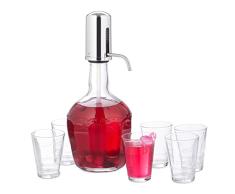 Relaxdays Juego de dispensador de Agua, dispensador de Bebidas con Bomba Manual, 6 Vasos para Beber, dispensador de cÃ³ctel de 2,4 l, Cristal Transparente, 10037662