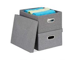 Relaxdays Set de 2 Cajas de Almacenaje con Tapa, Cestas Organizadoras, Tela, 25 L Cada Una, 20,5 x 34,5 x 42 cm, Gris