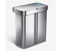 simplehuman, cubo rectangular doble compartimento con sensor controlado por voz y movimiento, acero inoxidable cepillado, 58 L