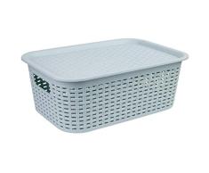 axentia Cesta con Tapa Efecto Mimbre 15 L, Caja Organizadora Apilable de Plástico, Cesta de Almacenaje Multiusos con Tapa, aprox. 43 x 16 x 29 cm, Azul (133079)