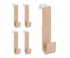Relaxdays Juego de 5 ganchos para puerta (13 x 2,5 x 6 cm, madera y hierro), color blanco y natural
