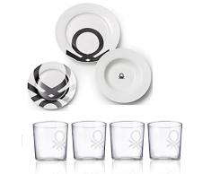 UNITED COLORS OF BENETTON. PK2922 Vajilla 18 pcs y 4 Vasos de Agua de Cristal, Loza, Transparente
