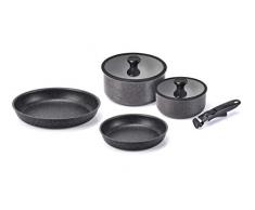 Moneta Etnea Minispace - BaterÃ­a de 7 piezas compuesta por sartÃ©n 24 y 28, cacerola, tapa de cristal, borde de silicona 16 y 20 cm, mango extraÃ­ble, aluminio