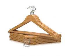 PORTENTUM Set de 10 Perchas de Madera para Todo Tipo de Ropa - Gancho Giratorio 360º - Perchas Pantalones - Colgador Ropa Antideslizante para Trajes, Chaquetas, Camisas - Muescas para Vestido y Blusa