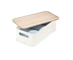 iDesign Caja organizadora con asas, cesta organizadora mediana de plÃ¡stico reciclado y sin BPA, caja con tapaÂ de madera de paulownia, blanco
