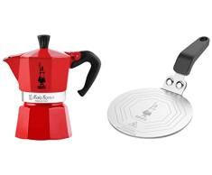 Bialetti Moka Express Red Cafetera Italiana Espresso, 3 Tazas + DCDESIGN08 Difusores de calor, adaptador para el utilizo de cafeteras y baterÃ­as de cocina sobre placas de inducciÃ³n, Metal