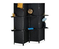 Relaxdays Biombo 4 Paneles 2 Baldas, Separador Ambientes Plegable, 180x180 cm, Interior, Tabique de Pie Autónomo, Negro, 70% Papel 30% Madera