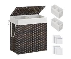 SONGMICS Cesto de la Ropa, 110 L Tejido a Mano, Cesto de LavanderÃa con Compartimentos Separados, Ratán Sintético, con Tapa y Asas, Plegable, Bolsa de Forro ExtraÃble, Marrón LCB052K02