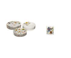 Excelsa Juego de vajilla de 18 piezas Vajilla de porcelana LÃ­nea Calavera + Calavera Juego de 3 vasos de agua, vidrio prensado