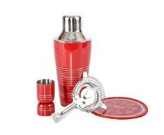 DONREGALOWEB Set de Coctel de Acero Inoxidable en Color Metal y Rojo Compuesto de coctelera, recetario, colador y Vaso medidor