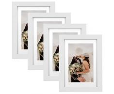 EXYGLO Marcos de Fotos 10x15 cm, Blanco Hecho de Madera Marco Juego de 4 para Fotos de 4x6 con Marco o de 5x7 sin Marco, para Decoracion en la Pared o en la Mesa
