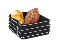 Relaxdays Cesta Pan Metal, Forro Tela, Panadera Moderna, Cesto Panadero Acero Inoxidable, 10,5x23x23 cm, Color Negro