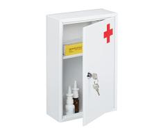 Relaxdays Armario BotiquÃn, Cerradura, VacÃo, 2 Compartimentos, Mueble Medicinas Pared, 32 x 21,5 x 8 cm, Blanco y Rojo