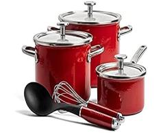 KitchenAid Juego de utensilios de cocina esmaltados con nÃºcleo de acero de 8 piezas con tapas, esmalte de ingenierÃ­a alemana, inducciÃ³n, apto para horno, rojo imperio