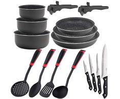 Bergner PK1528 Set 16pcs: 3 sartenes 20/22/26 + 3 cazos/cacerolas 16/18/20 con 2 Mangos Click&Cook + 4 Cuchillos 4 Utensilios de Cocina, Aluminio prensado