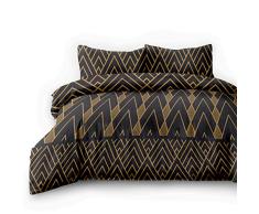 AmeliaHome 06402 Juego de Ropa de Cama de 4 Piezas, 2 x Franela, 155 x 220 cm, con 2 Fundas de Almohada de 80 x 80 cm, 100% algodón, diseño geométrico, con Cremallera, Color Negro y Amarillo