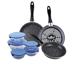 Magefesa K2 GRANSASSO set de 3 sartenes redondas de Ã18/20 y 24, en acero esmaltado vitrificado, en gris, inducción y lavavajillas, y juego de 10 piezas: 5 boles de vidrio + sus 5 tapas en azul