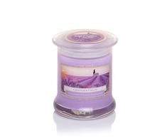 Dekohelden24 Vela aromática en vaso de cristal con tapa, aroma de lavanda, 8,5 x 8,5 x 10,5 cm