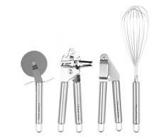 Russell Hobbs Juego de Utensilios de Cocina de Acero Inoxidable RH00124, 4 Piezas, Incluye Cortador de Pizza, levantaclaras, Prensa de ajo y abridor Lata, Stainless Steel