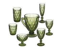 Relaxdays Set de Vasos de Cristal, 7 Piezas, con Jarra, Vasos de agua, Copas de vino, para Lavavajillas, Color Verde