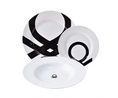 UNITED COLORS OF BENETTON Black & White | Vajilla Completa 18 Piezas de Porcelana | 6 Platos Llanos, 6 Hondos y 6 de Postre | Durabilidad y Resistencia | Apta para Lavavajillas