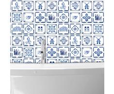 WALPLUS Tile Stickers Vinilo Adhesivo Estampado Losetas Adhesivas Pared Cocina Decoracion Protector No Tóxicos Fácilmente ExtraÃble Fácil De Despegar Y Pegar Baño Piso Dutch Blue 24pcs 15cm(6)