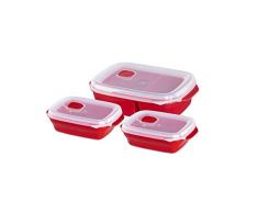 XAVAX | Pack de 3 fiambreras con compartimientos, Apto para microondas, Para congelar, almacenar y calentar alimentos, Con asas que facilitan su apertura. Color Rojo.