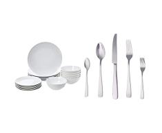Amazon Basics Vajilla de 18 piezas, Porcelana blanca lisa, 6 servicios + â Juego de cuberterÃa de acero inoxidable de 20 piezas con borde cuadrado, servicio para 4