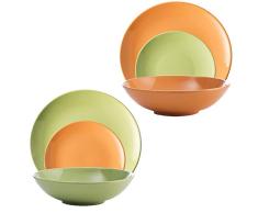 UNITED COLORS OF BENETTON. PK1997 Set Color Combinado Verde y Naranja, en Porcelana: vajilla de 36 Piezas para 12 Servicios Llano, Hondo y Plato de Postre, Gres