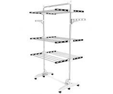 Todeco - Estante para Secado de Ropa, Tendedero - Material: Tubos de Acero Inoxidable - Carga máxima: 3 kg por Barra de Soporte - 3 estantes, Negro/Blanco, con alas y Barra Superior